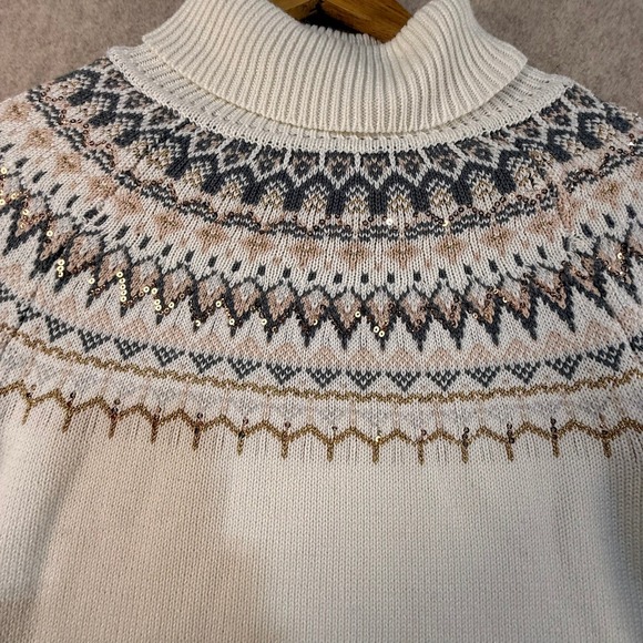 Alya Womens Fair Isle Turtleneck Sweater Cream Sequin Accent Knit Top Size M - Picture 4 of 5